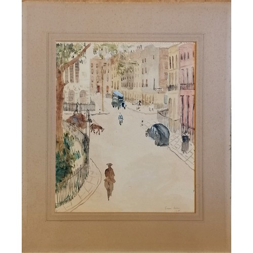 79 - Susan Helen Palmer (1912-2000) watercolour of London street scene (1935) - mount 57.5cm x 48cm with ... 