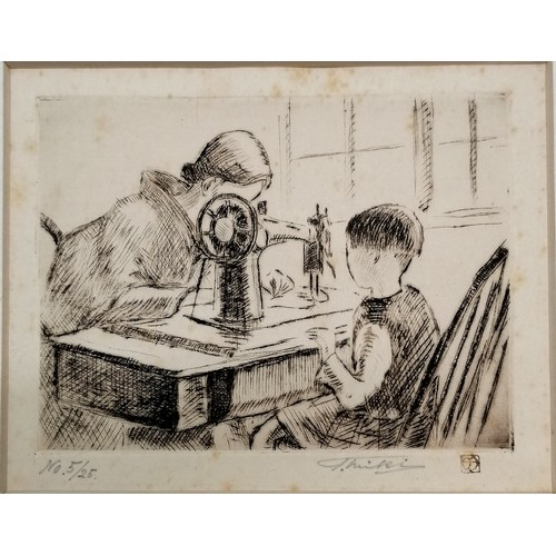 82 - Tatsuo Miki (b.1904) hand signed etching of a child watching a lady using a sewing machine - mount 2... 