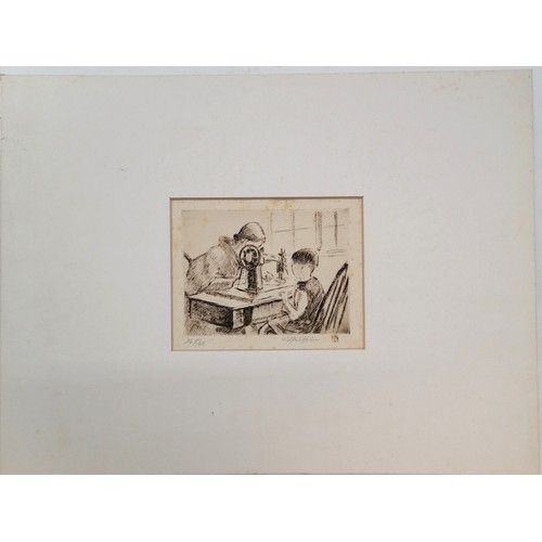 82 - Tatsuo Miki (b.1904) hand signed etching of a child watching a lady using a sewing machine - mount 2... 