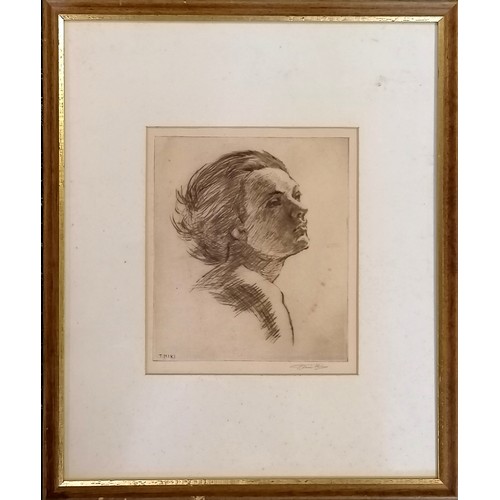 88 - Tatsuo Miki (b.1904) hand signed portrait etching of a ladies head - frame 45.5cm x 38cm and has som... 