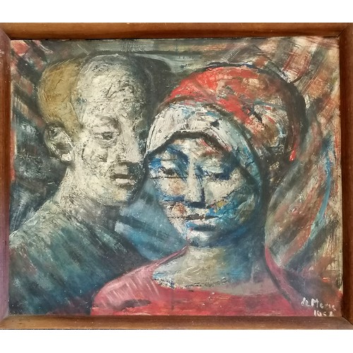 93 - Rosalie de Meric (1916-99) oil on board painting of a couple (1952) - frame 59cm x 69.5cm