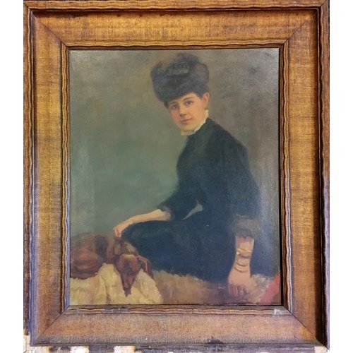 94 - c.1900 oil on canvas painting of a continental lady with a dog - frame 80cm x 70cm ~ original frame ... 