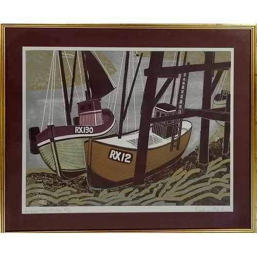 115 - Graham Clarke (b.1941) hand signed linocut print of 'Luggers low tide' (Rye) from an edition of 75 p... 