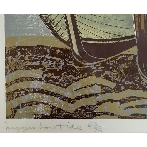 115 - Graham Clarke (b.1941) hand signed linocut print of 'Luggers low tide' (Rye) from an edition of 75 p... 