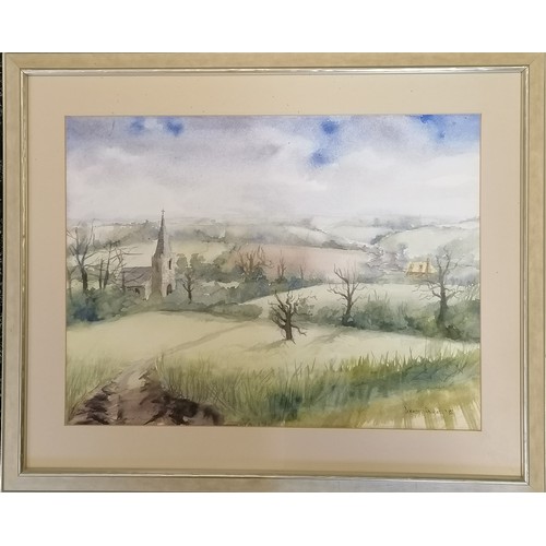 117 - Dermot Power 1988 watercolour of a church in a country landscape - frame 52.5cm x 64cm