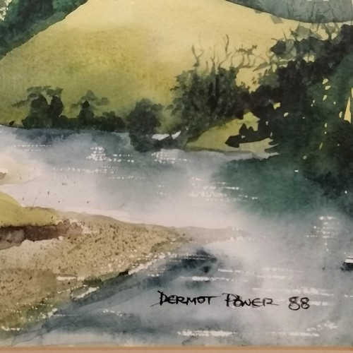 118 - Dermot Power 1988 watercolour of a house / river in a country landscape - frame 52.5cm x 64cm