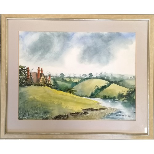 118 - Dermot Power 1988 watercolour of a house / river in a country landscape - frame 52.5cm x 64cm