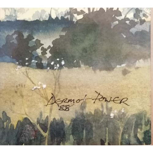 119 - Dermot Power 1988 watercolour of a countryside landscape with rolling clouds - frame 52.5cm x 64cm