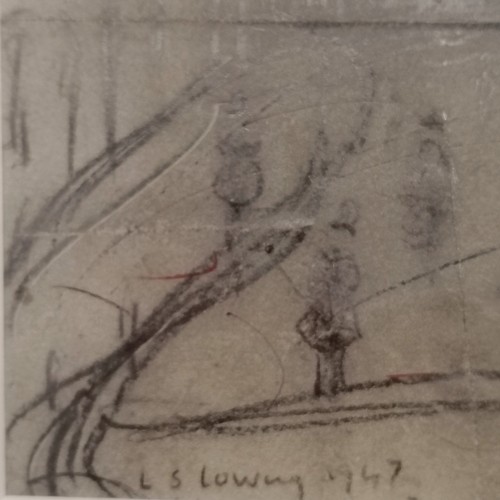 128 - L S Lowry 1947 drawing of figures in a street between 2 buildings with railings / building/ lamp pos... 