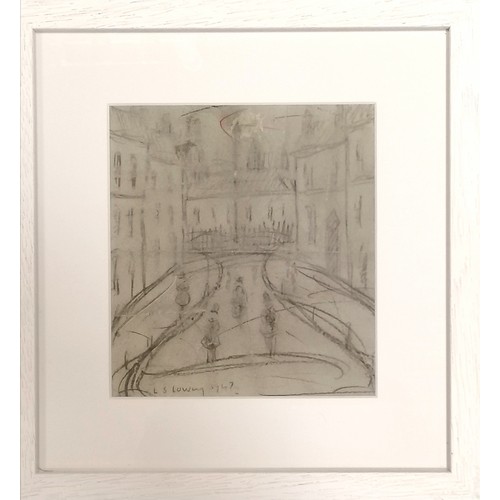 128 - L S Lowry 1947 drawing of figures in a street between 2 buildings with railings / building/ lamp pos... 