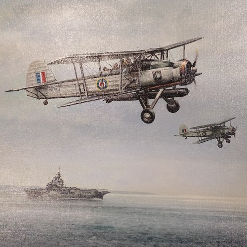 129 - Don Breckon (1935-2013) original oil painting on canvas of 2 biplanes & a ship - frame 52cm x 68cm