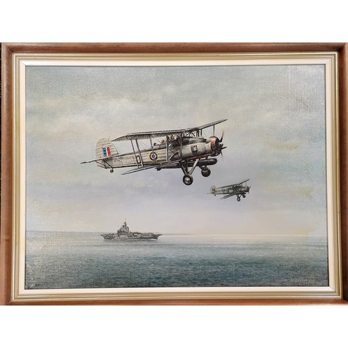 129 - Don Breckon (1935-2013) original oil painting on canvas of 2 biplanes & a ship - frame 52cm x 68cm