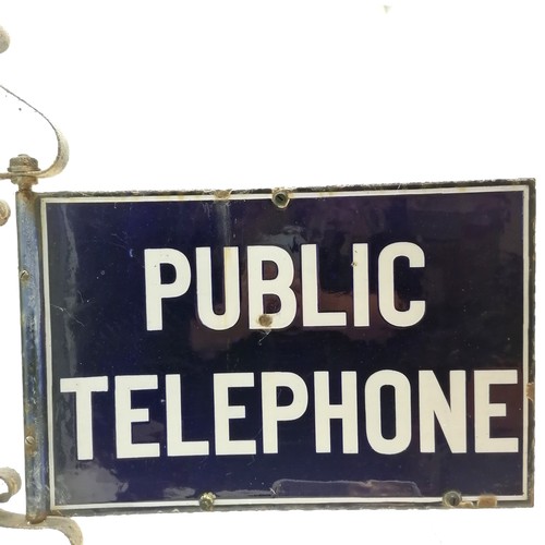 131 - Original antique Public telephone enamel double sided sign on wrought iron bracket - 76cm long x  si... 