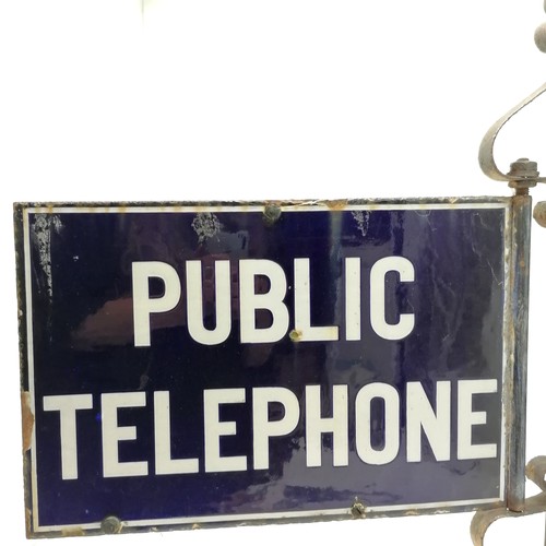 131 - Original antique Public telephone enamel double sided sign on wrought iron bracket - 76cm long x  si... 