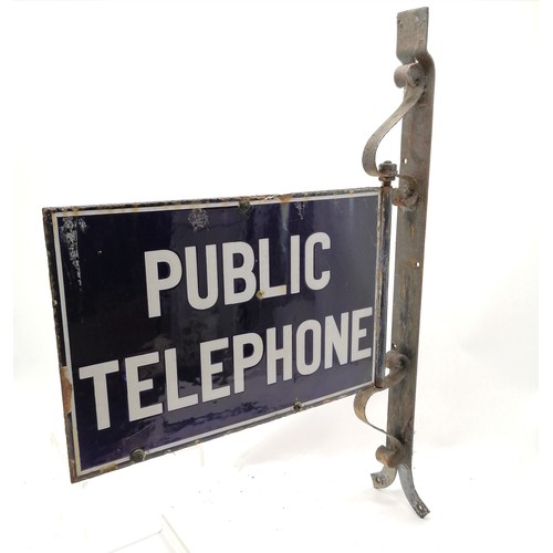 131 - Original antique Public telephone enamel double sided sign on wrought iron bracket - 76cm long x  si... 