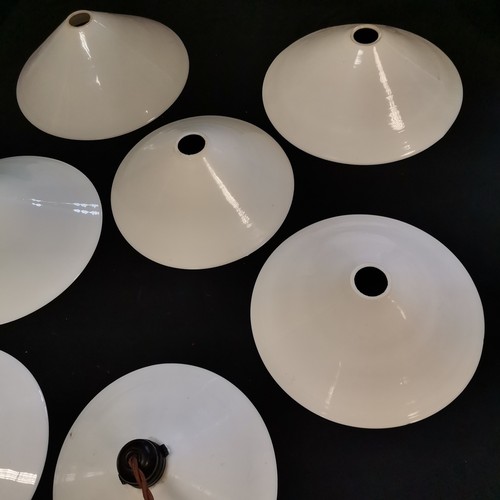 141 - Pair of Milk glass coolie shades, 25 cm diameter, 9 cm high, t/w set of 4 slightly smaller, 23.5 cm ... 