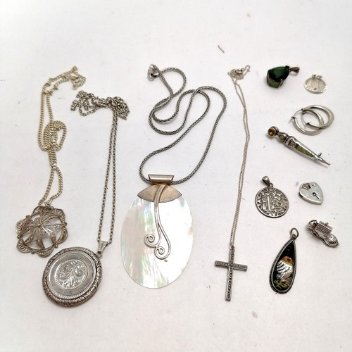 741 - Qty of silver jewellery inc Scottish hardstone dirk brooch, locket pendant on 54cm chain, mother of ... 