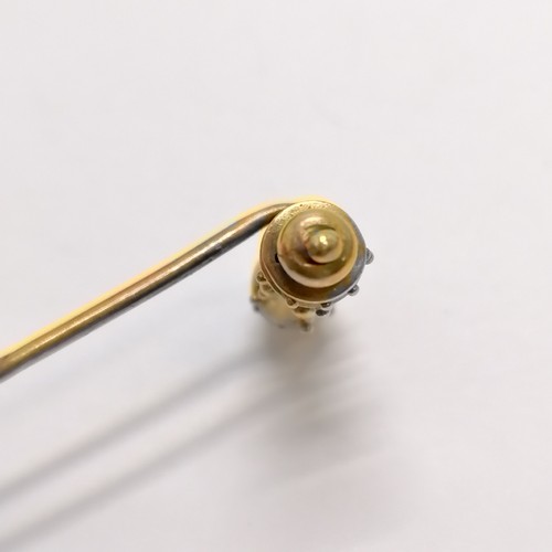 845 - Antique unmarked 18ct gold stick pin (6cm & 1.8g) in a F Hinds Ltd fitted retail box ~ pin a/f to th... 