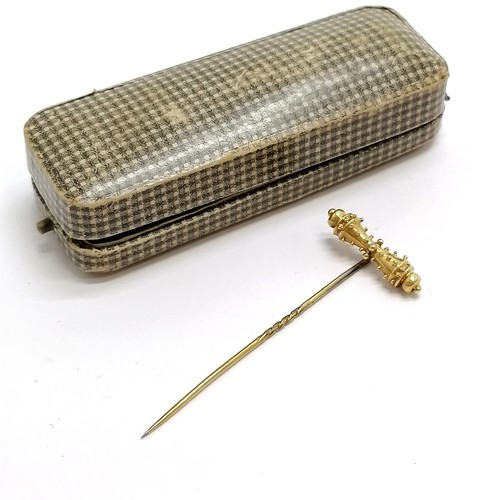 845 - Antique unmarked 18ct gold stick pin (6cm & 1.8g) in a F Hinds Ltd fitted retail box ~ pin a/f to th... 