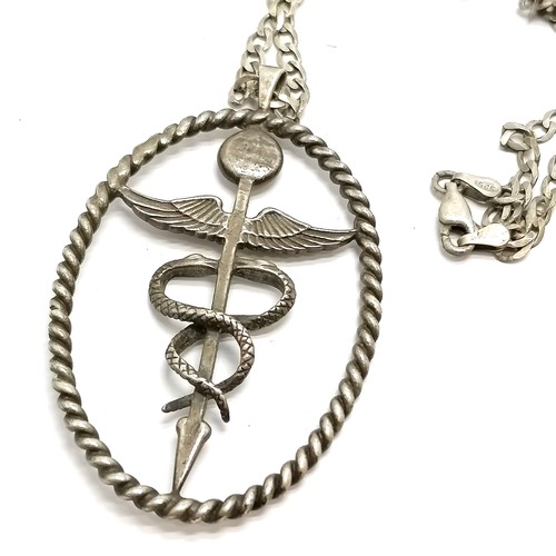 846 - Silver caduceus pendant (6cm) on a 48cm silver chain - 17g