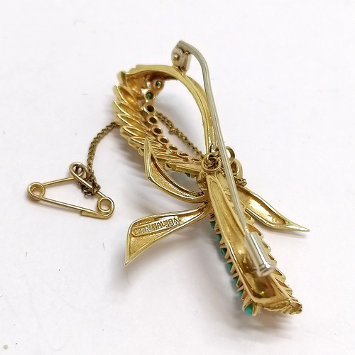 849 - Italian 18ct marked gold bow brooch with turquoise detail - 5cm & 10.6g total weight