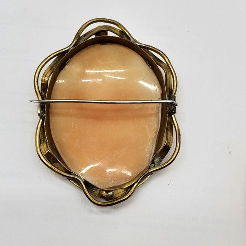 852 - Antique hand carved shell cameo portrait brooch in a gilt metal mount (6cm) t/w another