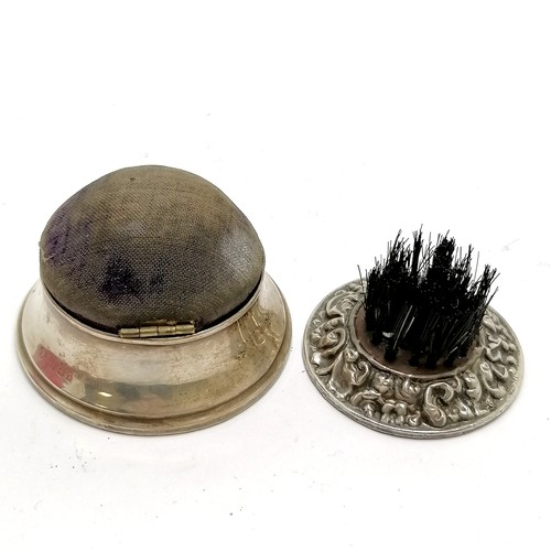 1008 - 1920 silver circular ring box with hinged pin cushion lid (6.2cm diameter) t/w unmarked silver mount... 