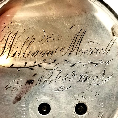 1011 - Chester silver 1880 patent Decimal Chronometer number 72187 inscribed on the inside, William Merrett... 