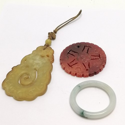 150 - Spinach jade child's bangle (5cm diameter) t/w archaic jade style pendant + panel