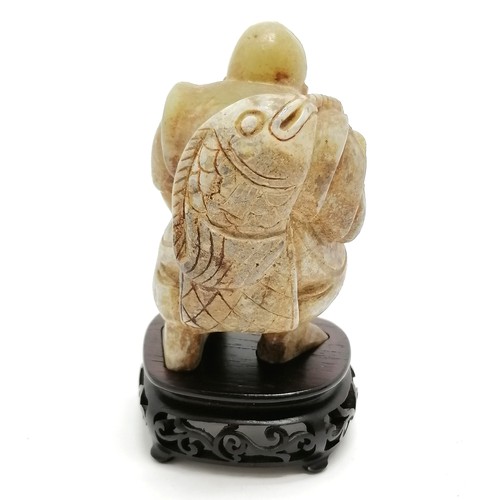 162 - Oriental Chinese antique hand carved jade figure of a fisherman on a carved wooden stand with an old... 