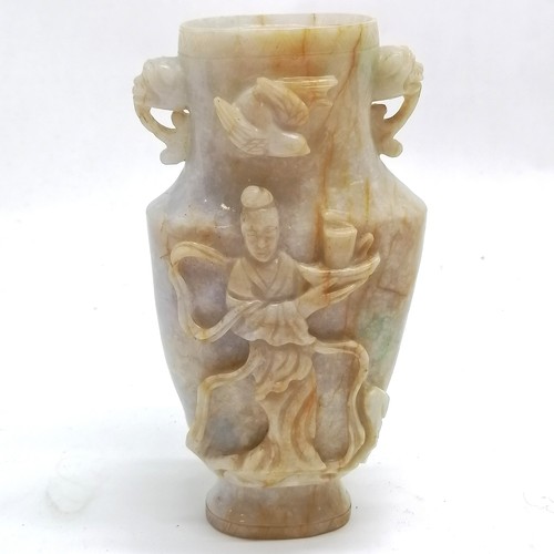 163 - Oriental antique hand carved Chinese jade vase with bird & figural detail on a hand carved wooden st... 