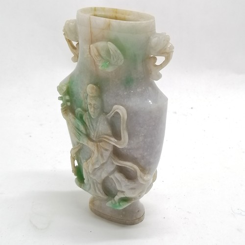 163 - Oriental antique hand carved Chinese jade vase with bird & figural detail on a hand carved wooden st... 