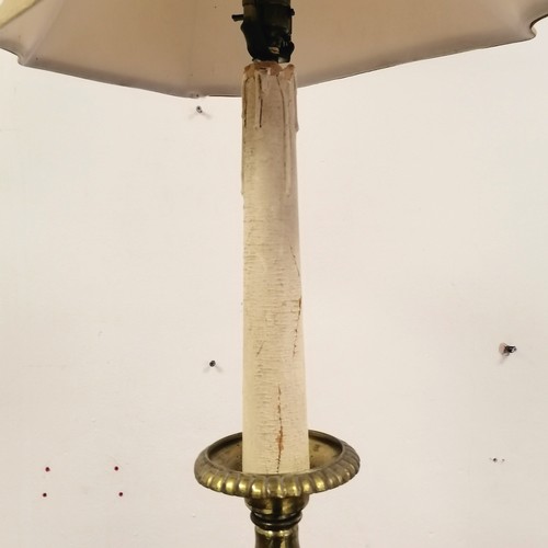 185 - French brass altar candlestick, converted to a lamp, with shade, 98 cm high.