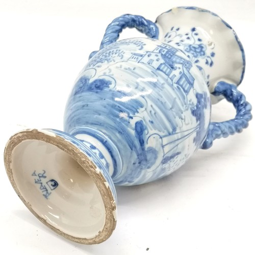 195 - Blue & White tin glazed vase with rope twist handles, decorated with house scene on 1 side, and the ... 