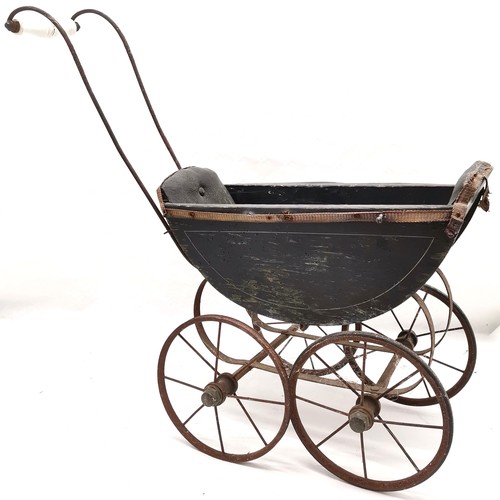 198 - Victorian Child's dolls pram, 1 rubber tyre missing, ceramic handle broken, play worn condition, 73 ... 