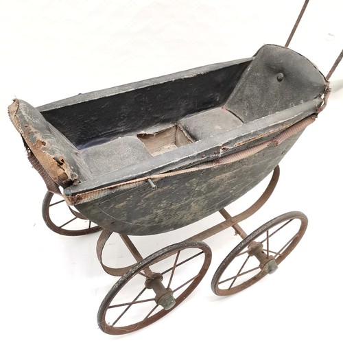 198 - Victorian Child's dolls pram, 1 rubber tyre missing, ceramic handle broken, play worn condition, 73 ... 