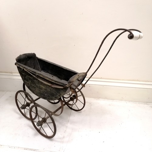 198 - Victorian Child's dolls pram, 1 rubber tyre missing, ceramic handle broken, play worn condition, 73 ... 