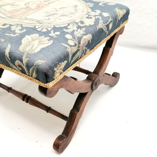 204 - Antique Rosewood X framed tapestry covered footstool, 47 cm square, 35 cm high, some moulding losses... 