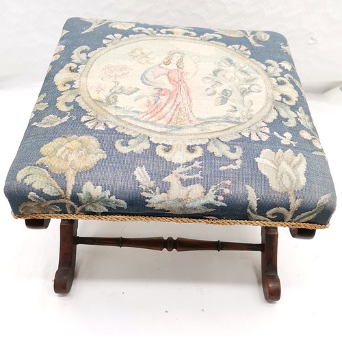 204 - Antique Rosewood X framed tapestry covered footstool, 47 cm square, 35 cm high, some moulding losses... 