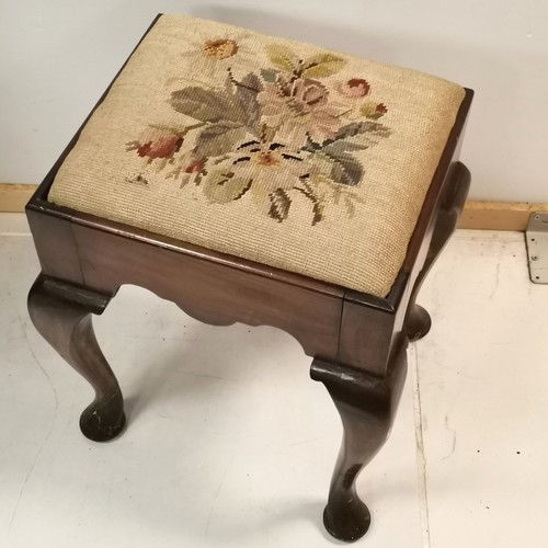 209 - Mahogany framed tapestry top stool on cabriole legs, 36 cm wide, 32 cm deep, 45 cm high. in good use... 