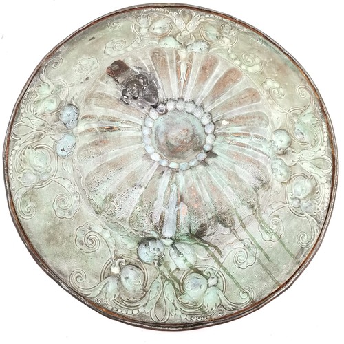 221 - Antique continental large copper charger, with all over floral and fruit decoration. 53 cm diameter,... 