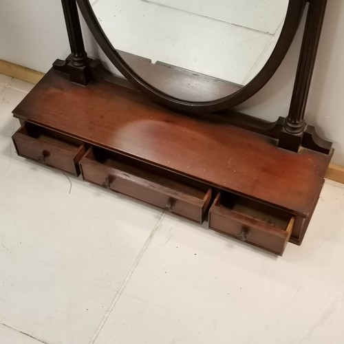 236 - Antique mahogany framed oval dressing table mirror, base fitted with 3 short drawers with turned woo... 