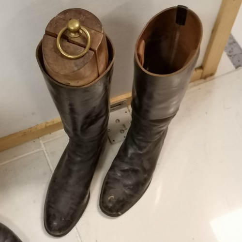 247 - Pair of Vintage leather riding boots with wooden tree's t/w similar pair missing 1 tree. both worn c... 