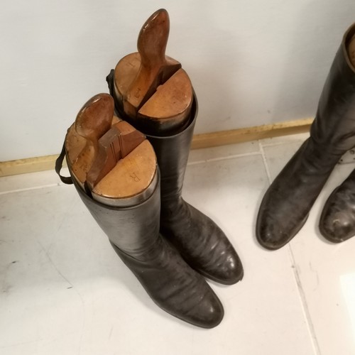 247 - Pair of Vintage leather riding boots with wooden tree's t/w similar pair missing 1 tree. both worn c... 