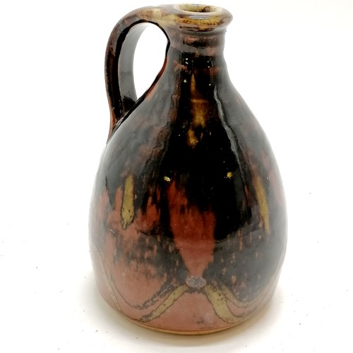 256 - Muchelney high fired glazed vessel with strap handle - 16cm high & no obvious damage