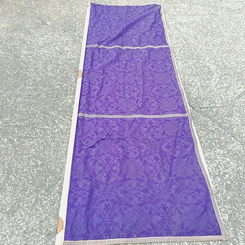 273 - Religious wall hanging in yellow brocade with bird / flower detail with purple backing - 268cm long ... 