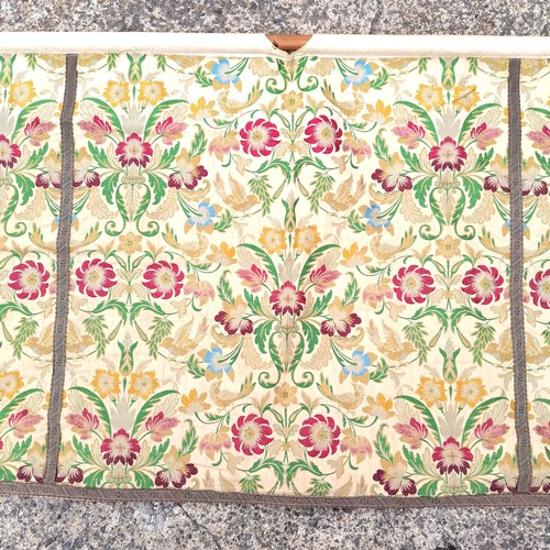 273 - Religious wall hanging in yellow brocade with bird / flower detail with purple backing - 268cm long ... 