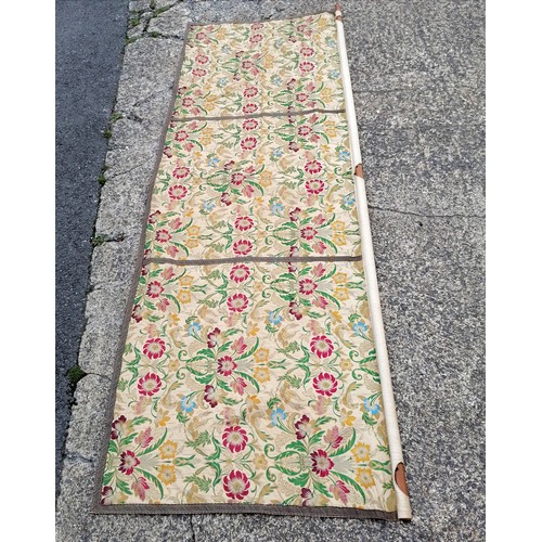 273 - Religious wall hanging in yellow brocade with bird / flower detail with purple backing - 268cm long ... 