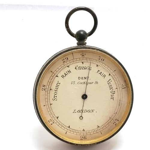 306 - Antique pocket barometer in original leather case by Dent 33 Cockspur Street London - 4.5cm diameter... 