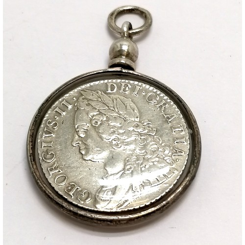 310 - 1758 George II 1/- coin in a silver and perspex pendant mount ~ 10g total weight